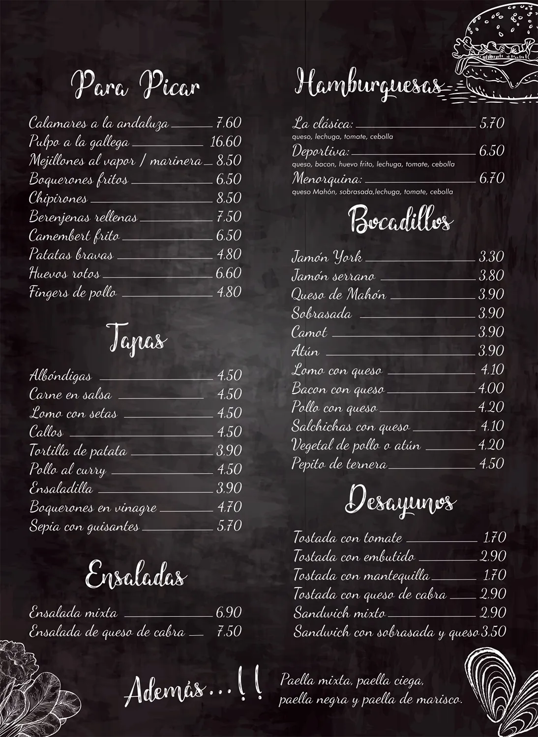 Carta de tapas del Bar Club Deportivo Menorca, Mahón